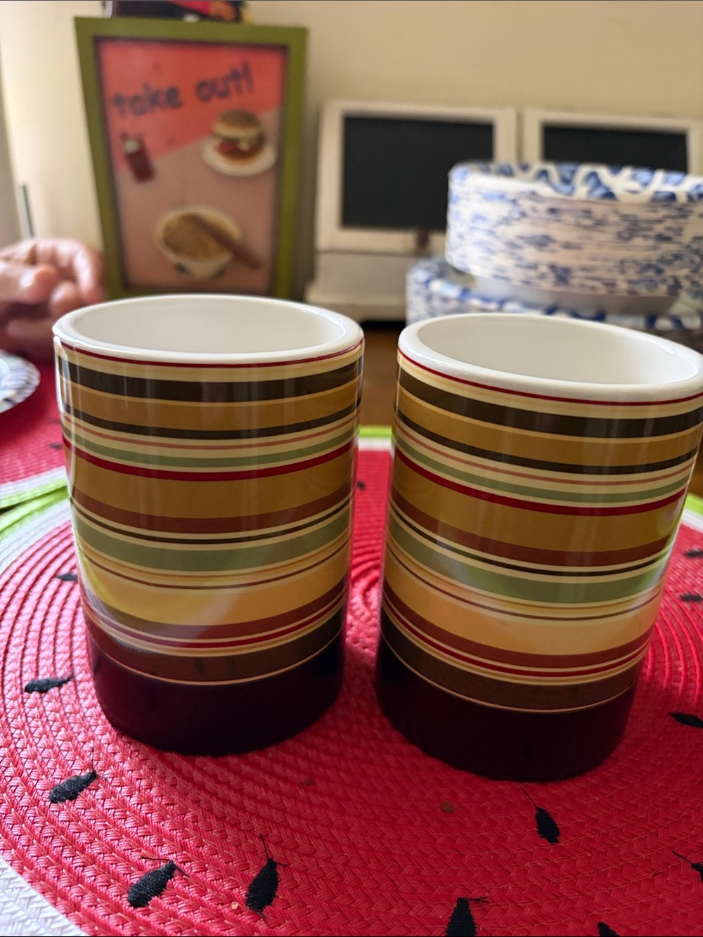 Sears Striped Ceramic Mugs in Brown, Green, Red and Cream